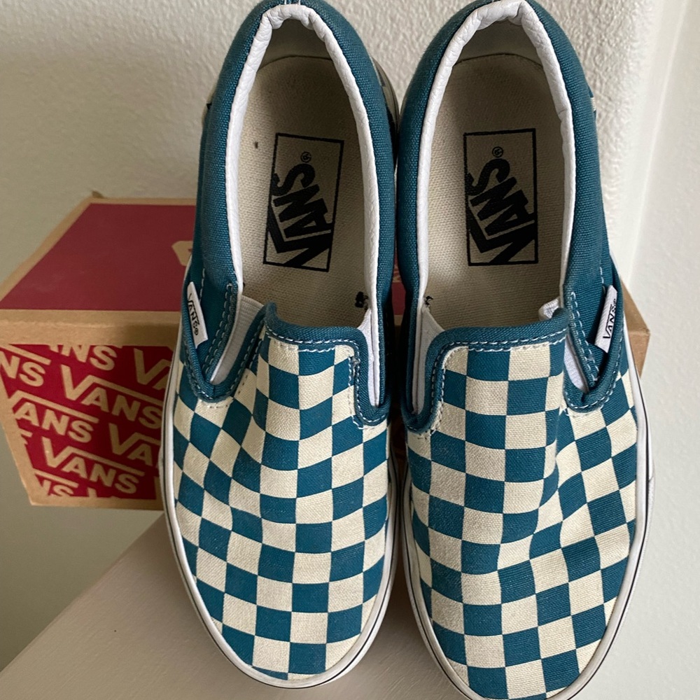 Vans Blue and White Checkerboard Slip-On Sneakers